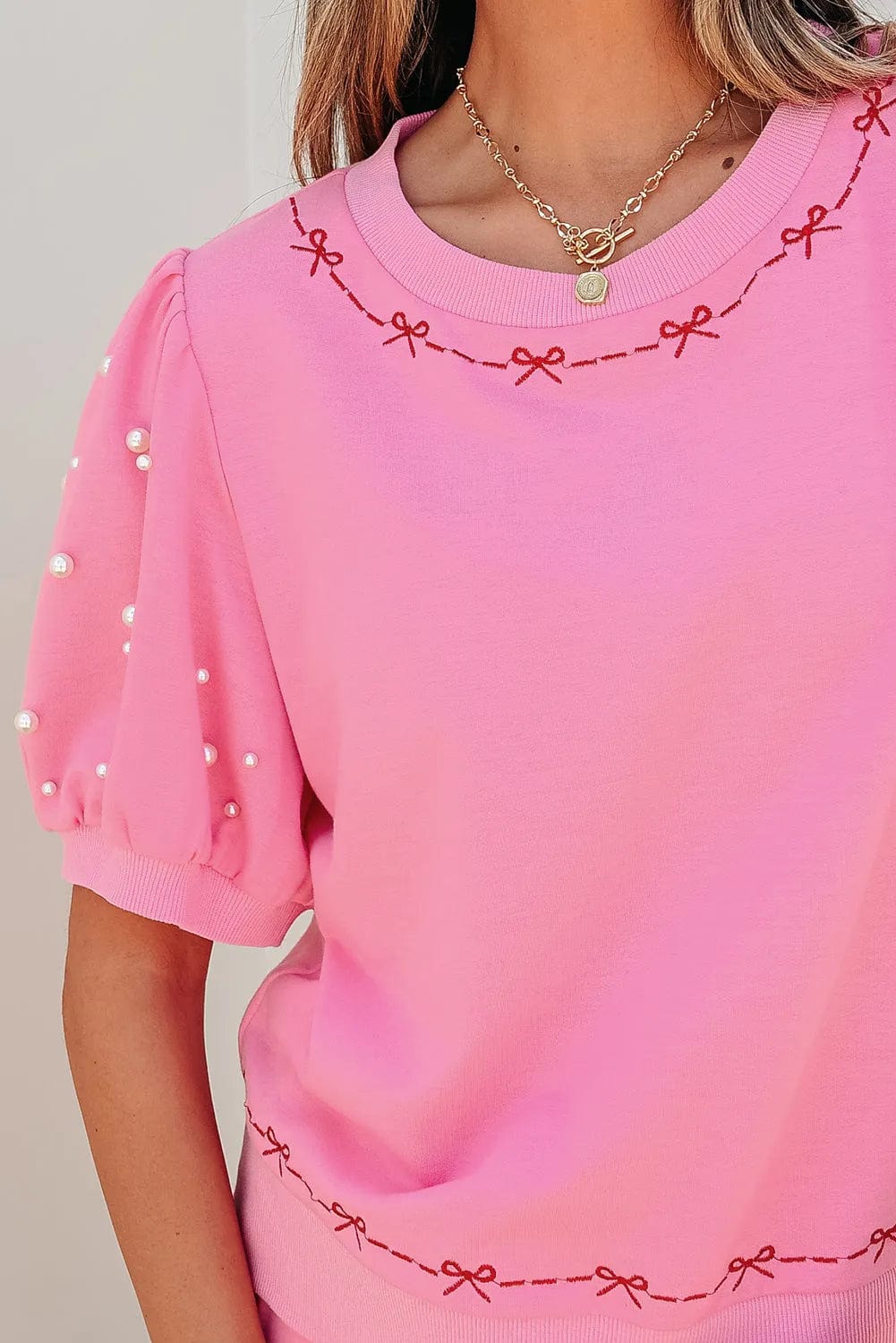 Two Piece Short Sets Pearl Bow Chic Co-Ord - Elegant Two-Piece Set