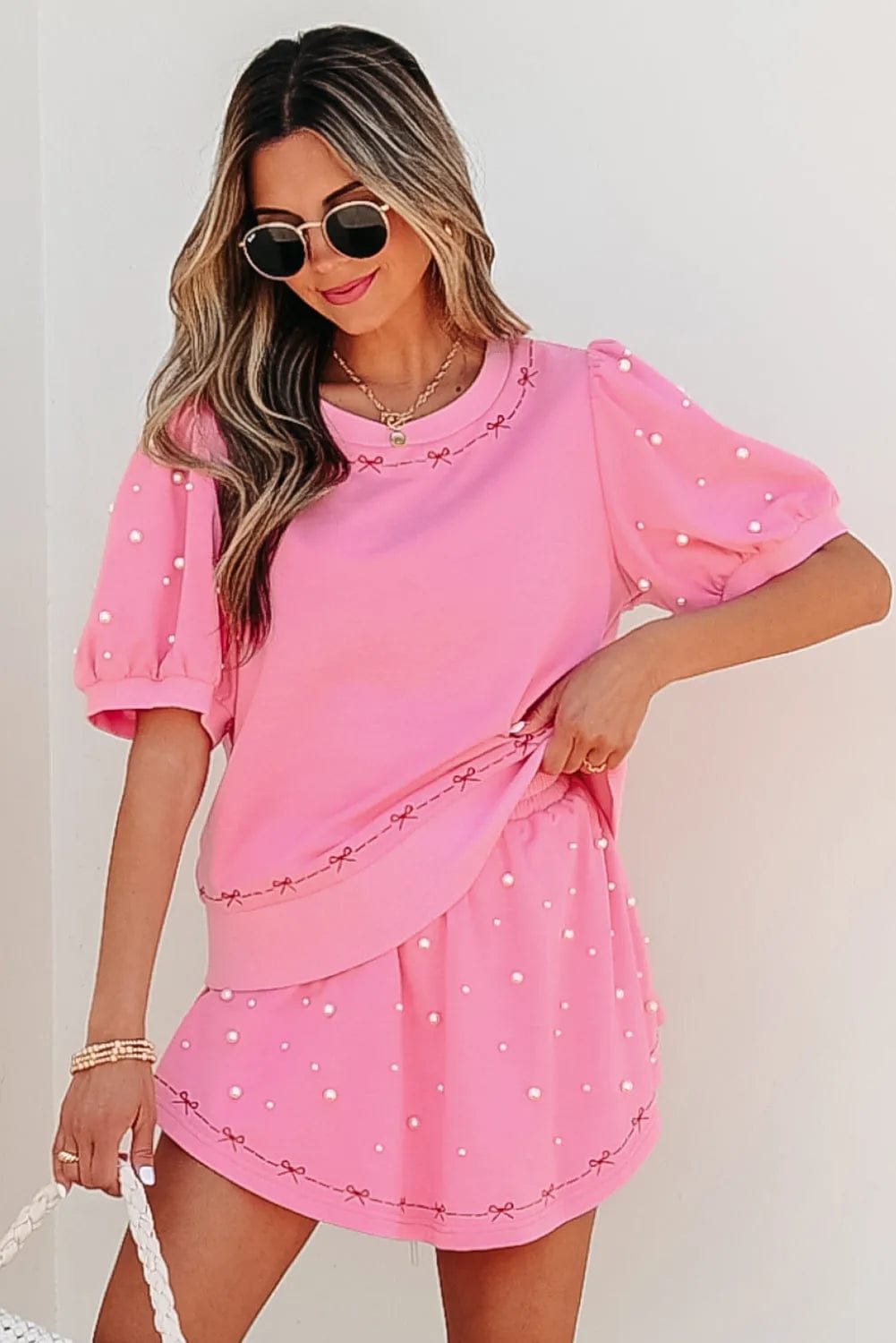 Two Piece Short Sets Pearl Bow Chic Co-Ord - Elegant Two-Piece Set