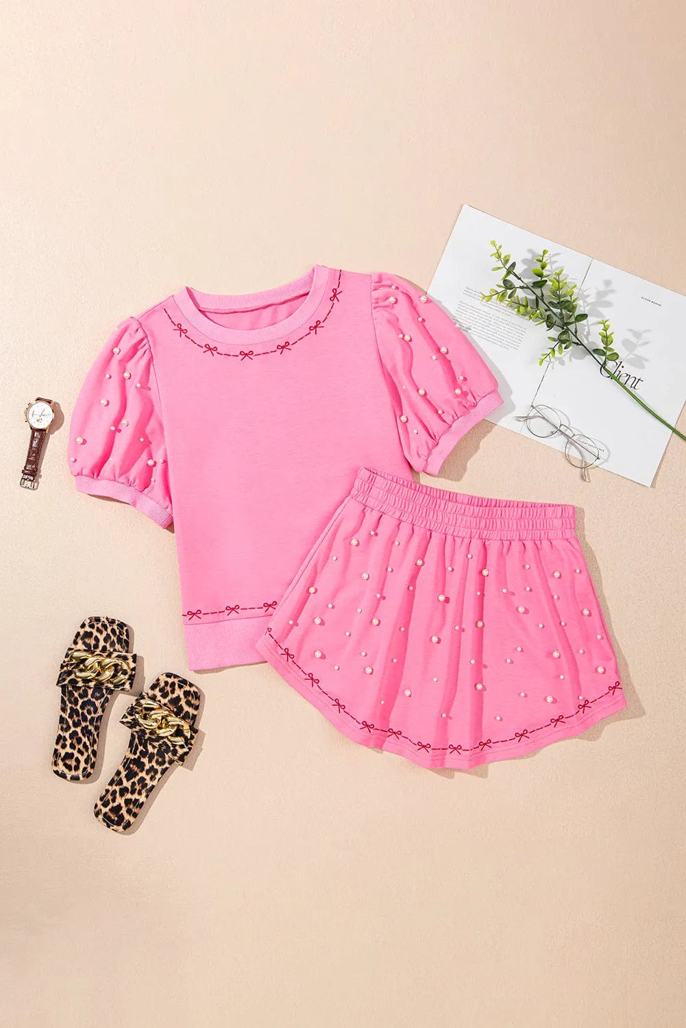 Two Piece Short Sets Pearl Bow Chic Co-Ord - Elegant Two-Piece Set