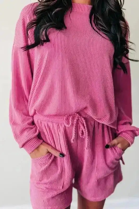 Two Piece Short Sets Strawberry Pink / S / 75%Polyester+20%Viscose+5%Elastane Rosy Corded Lounge Set