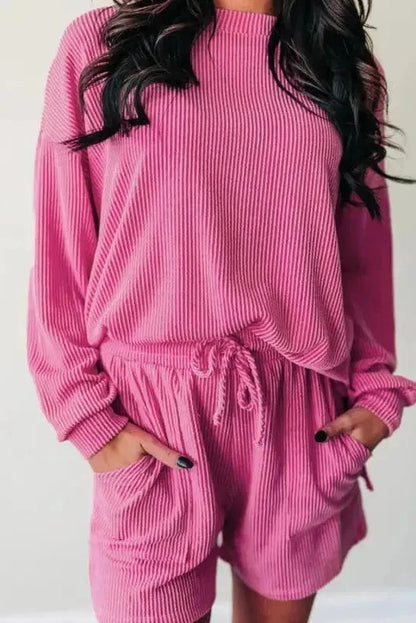 Two Piece Short Sets Strawberry Pink / S / 75%Polyester+20%Viscose+5%Elastane Rosy Corded Lounge Set