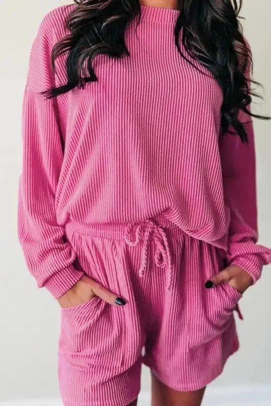 Two Piece Short Sets Strawberry Pink / S / 75%Polyester+20%Viscose+5%Elastane Rosy Corded Lounge Set