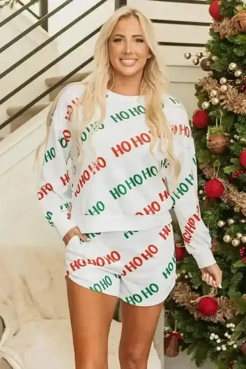 White merry moments Christmas casual shorts co-ord set front view — Fashionfitz UK