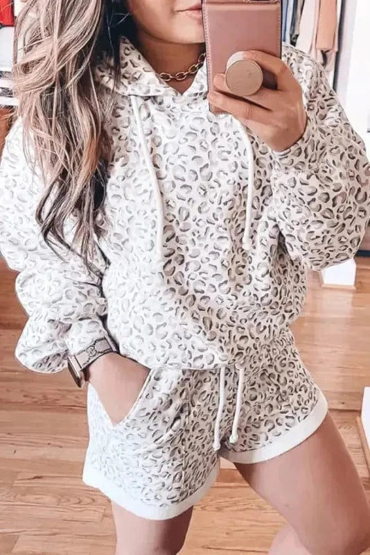 Two Piece Short Sets White / S / 95%Polyester+5%Elastane Leopard Hoodie and Shorts Set