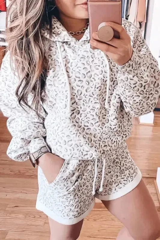Two Piece Short Sets White / S / 95%Polyester+5%Elastane Leopard Hoodie and Shorts Set