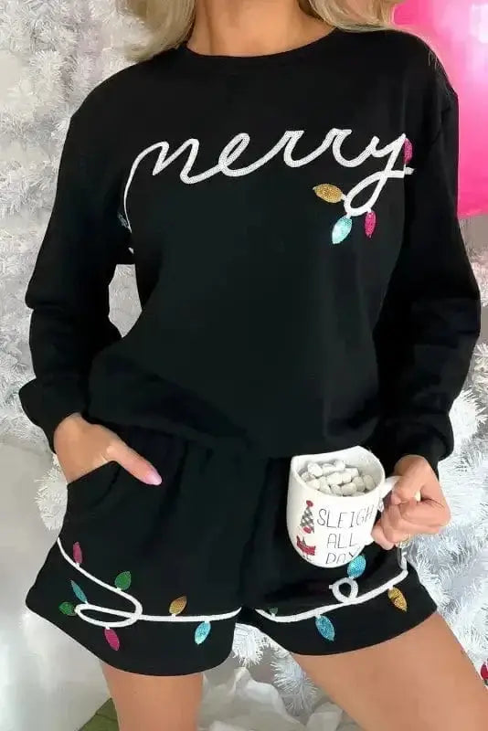 Black sequin Christmas long sleeve top and shorts co-ord set front view — Fashionfitz UK