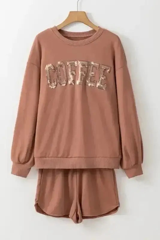 Brown sequin COFFEE sweatshirt and wide leg shorts lounge set front view — Fashionfitz UK