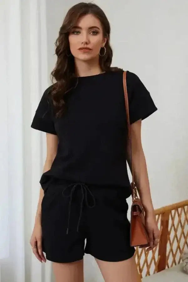 Close-up of black ribbed fabric texture on two piece shorts co-ord set Fashionfitz UK