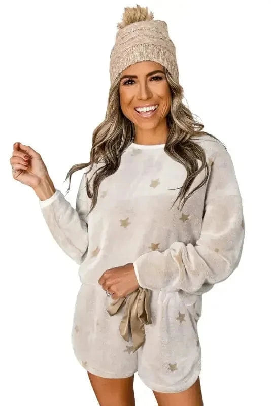 Two Piece Shorts Sets Fashionfitz White Plush Lounge Set for Cozy Comfort