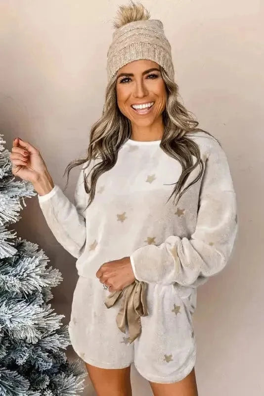 Two Piece Shorts Sets Fashionfitz White Plush Lounge Set for Cozy Comfort