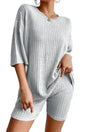 Woman wearing gray ribbed lounge set with matching top and shorts front view Fashionfitz UK