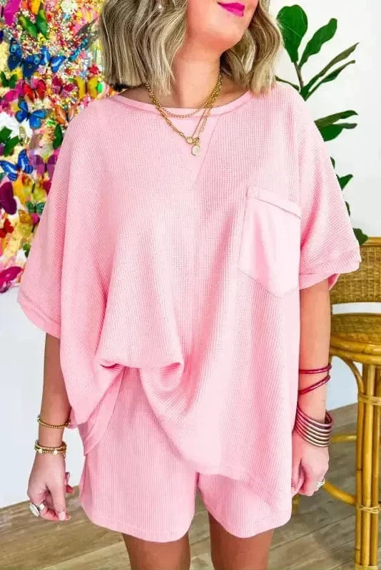 Two Piece Shorts Sets Light Pink / S / 75%Polyester+25%Cotton Cozy Waffle Lounge Set