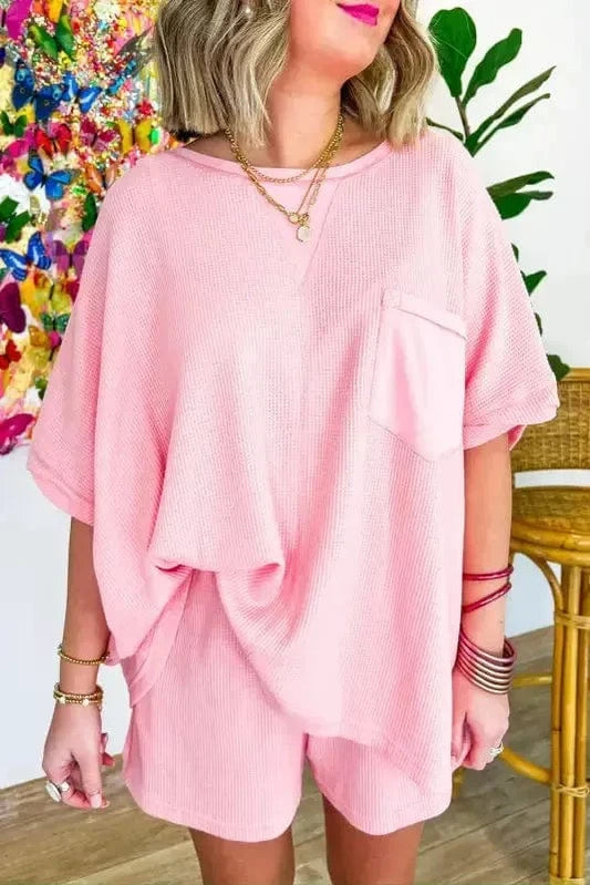 Two Piece Shorts Sets Light Pink / S / 75%Polyester+25%Cotton Cozy Waffle Lounge Set