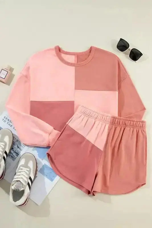 Peach colourblock long sleeve top and dolphin shorts co-ord set front view — Fashionfitz UK
