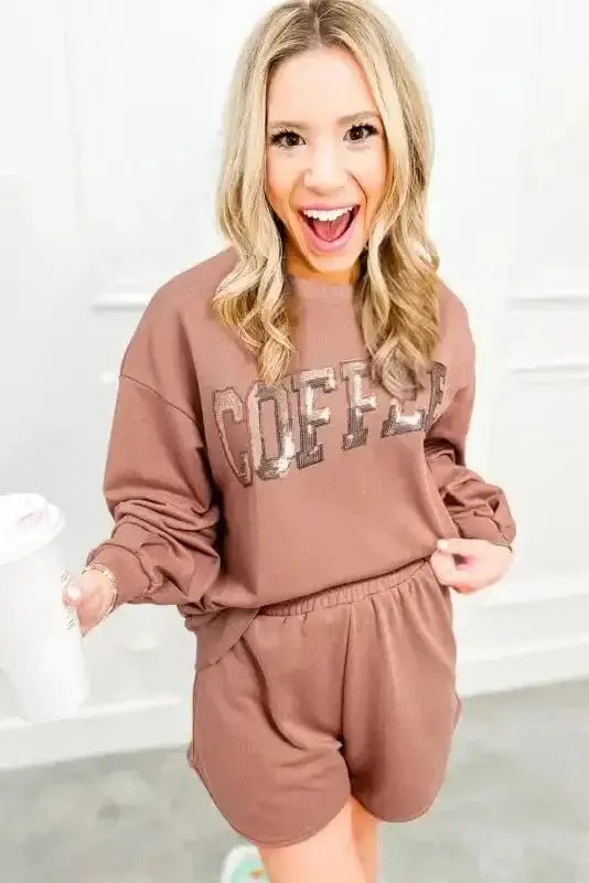 Two Piece Shorts Sets Sequined COFFEE Sweat Set