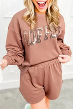 Two Piece Shorts Sets Sequined COFFEE Sweat Set