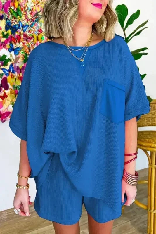 Two Piece Shorts Sets Sky Blue / S / 75%Polyester+25%Cotton Cozy Waffle Lounge Set