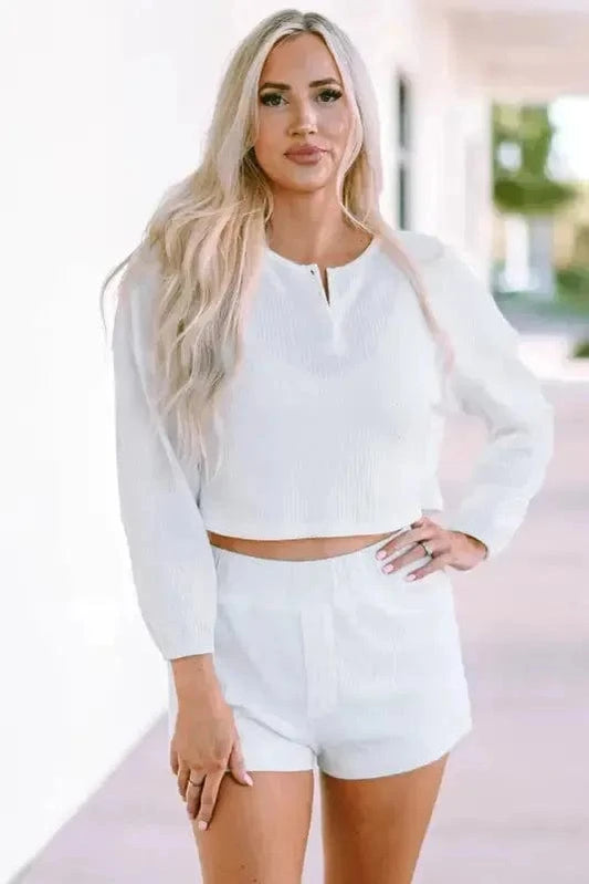 Two Piece Shorts Sets White / S / 95%Polyester+5%Elastane White Waffle Knit Lounge Set