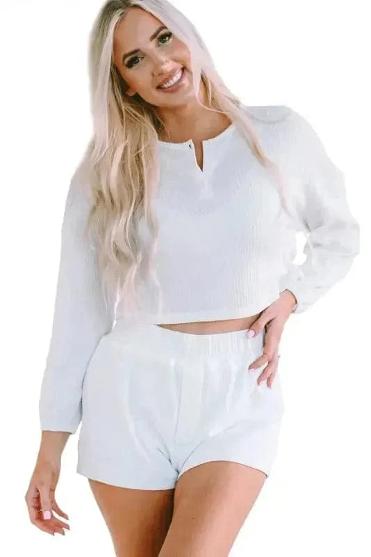 Two Piece Shorts Sets White Waffle Knit Lounge Set