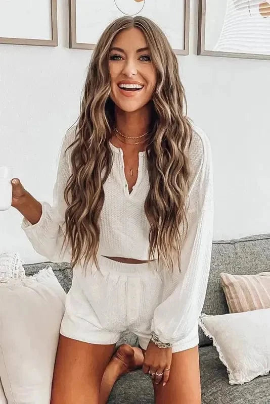 Two Piece Shorts Sets White Waffle Knit Lounge Set