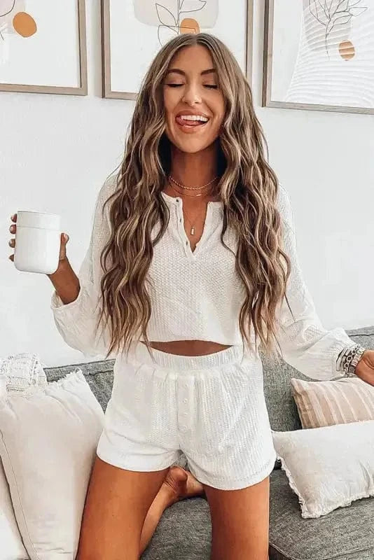Two Piece Shorts Sets White Waffle Knit Lounge Set
