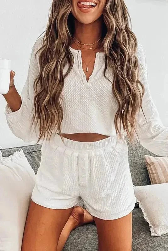 Two Piece Shorts Sets White Waffle Knit Lounge Set