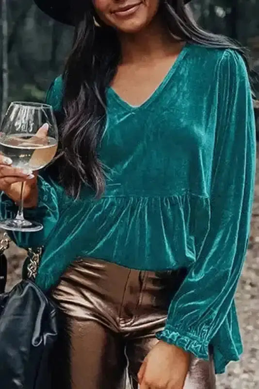 Sea green Velvet Puff Sleeve V-Neck Blouse Women UK styled as a luxurious autumn evening occasion outfit — Fashionfitz
