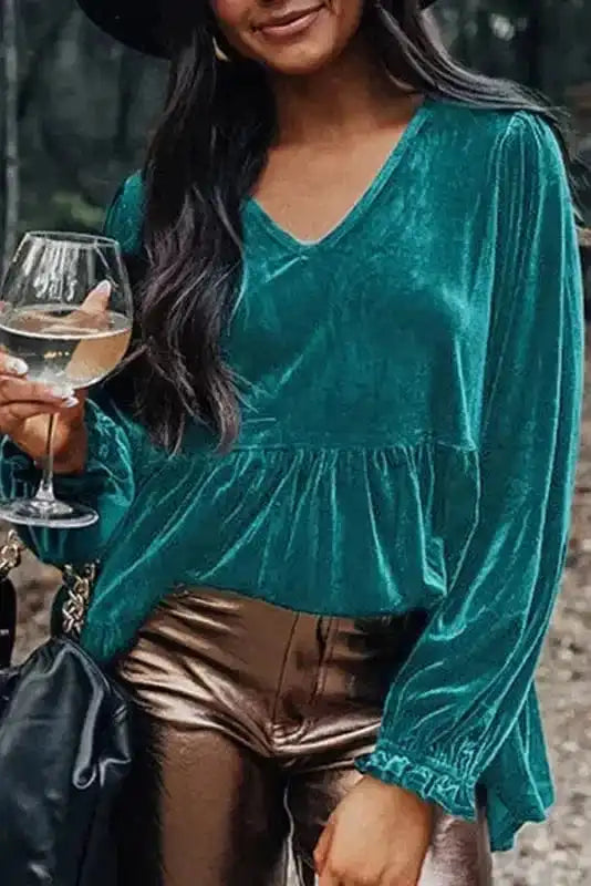 Velvet Blouses Chic Velvet Puff-Sleeve Top
