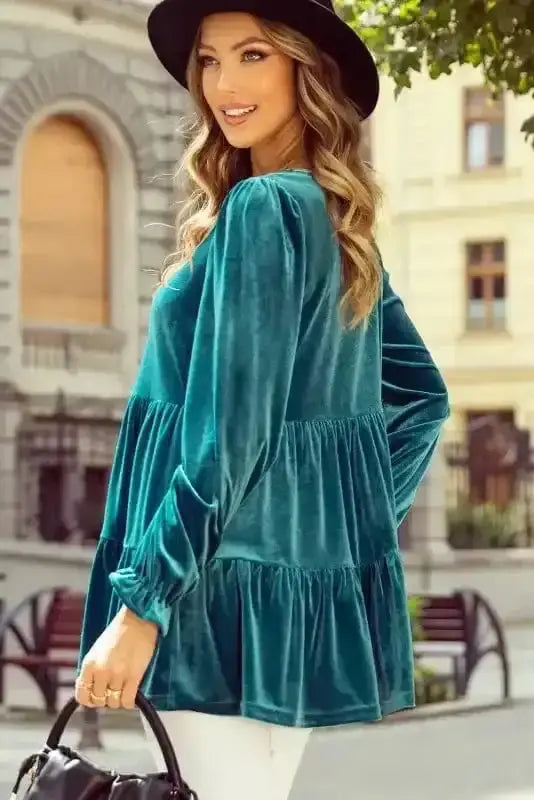 Back view of Green Velvet Puff Sleeve V-Neck Blouse showing long sleeve silhouette and sumptuous velvet drape — Fashionfitz