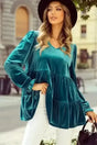 Green Velvet Puff Sleeve V-Neck Blouse Women UK in sea green — front view showing rich velvet fabric and puff sleeves — Fashionfitz