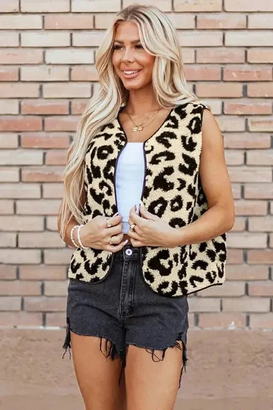 Vests Black / S / 100%Polyester Leopard Print Sherpa Vest Coat