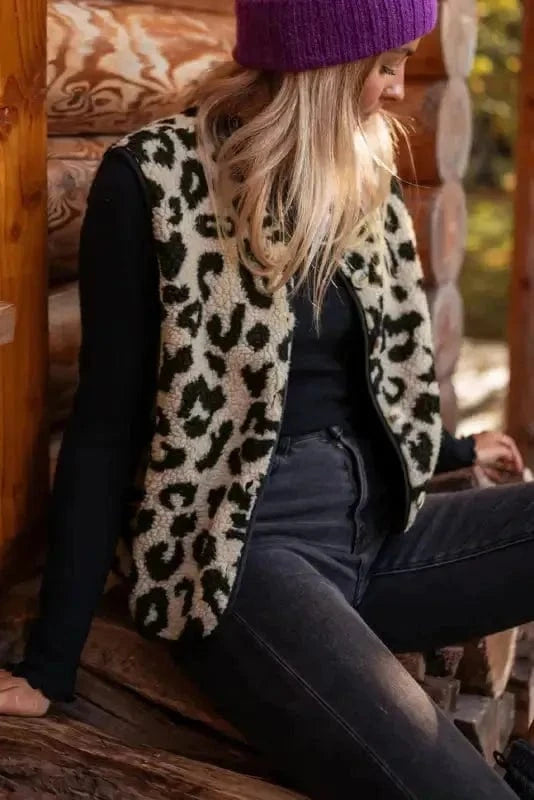 Vests Leopard Print Sherpa Vest Coat