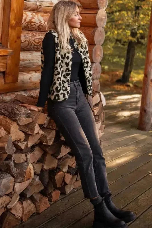 Vests Leopard Print Sherpa Vest Coat