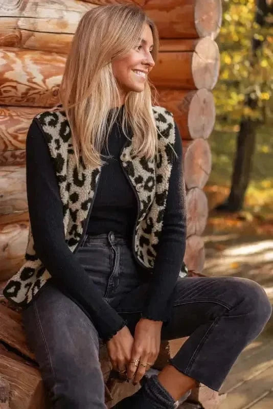 Vests Leopard Print Sherpa Vest Coat