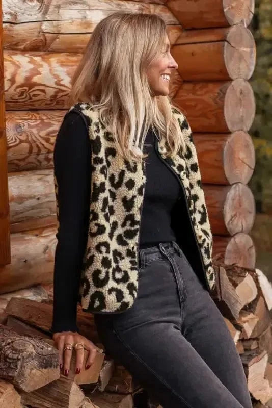 Vests Leopard Print Sherpa Vest Coat