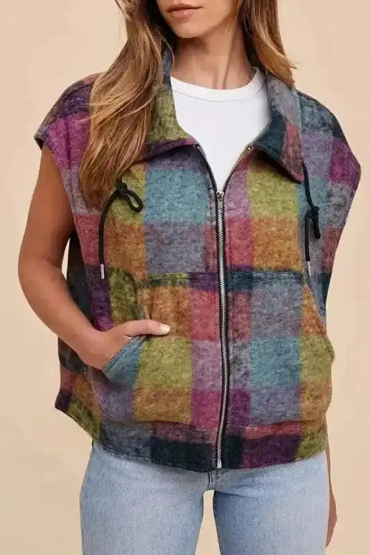 Vests Multicolor / S / 100%Polyester Zip 'n' Plaid Casual Vest