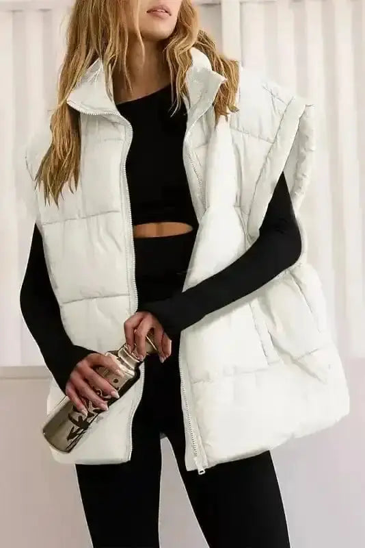 Off white oversized zipper puffer vest front view — Fashionfitz UK