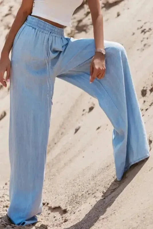 Wide Leg Jeans Azure Breeze Drawstring Denim Pants