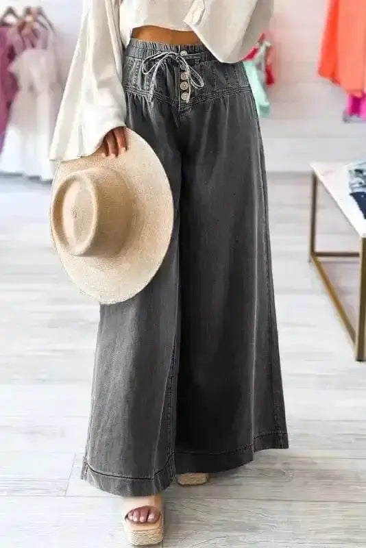 Slate blue wide leg high waist jeans front view — Fashionfitz UK
