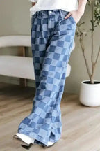 Wide Leg Jeans Checkered Denim Wide-Leg Jeans - Trendy and Comfortable