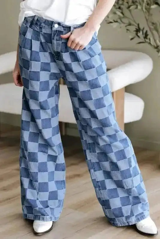 Wide Leg Jeans Checkered Denim Wide-Leg Jeans - Trendy and Comfortable