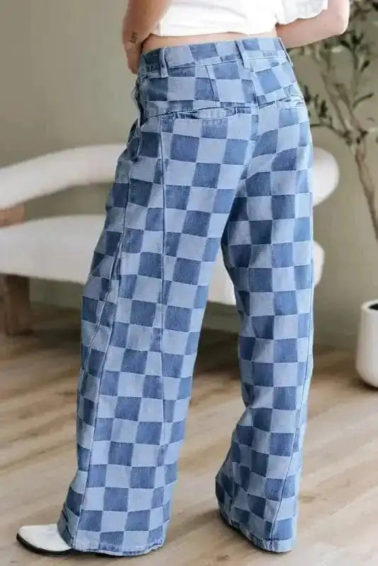 Wide Leg Jeans Checkered Denim Wide-Leg Jeans - Trendy and Comfortable