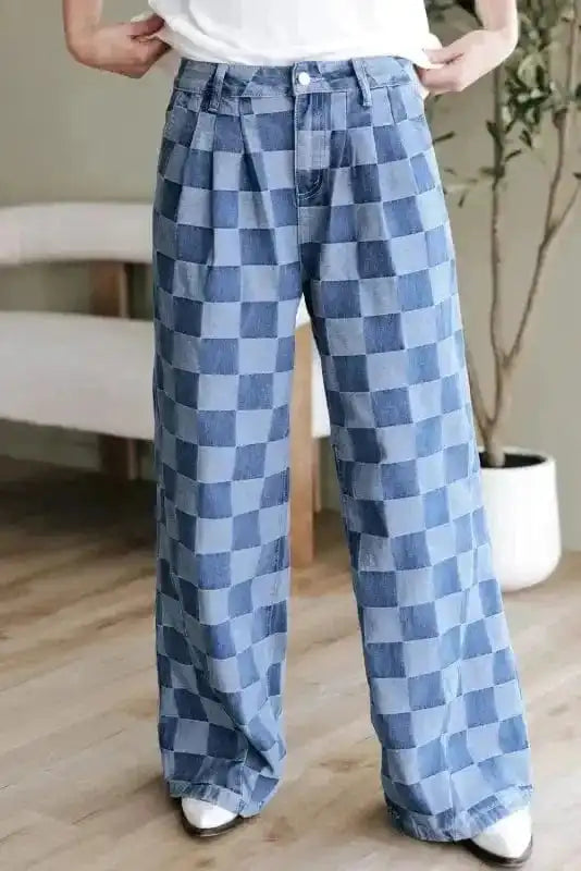 Wide Leg Jeans Checkered Denim Wide-Leg Jeans - Trendy and Comfortable