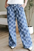 Wide Leg Jeans Checkered Denim Wide-Leg Jeans - Trendy and Comfortable