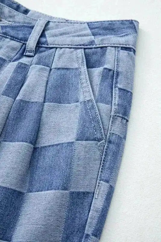 Wide Leg Jeans Checkered Denim Wide-Leg Jeans - Trendy and Comfortable