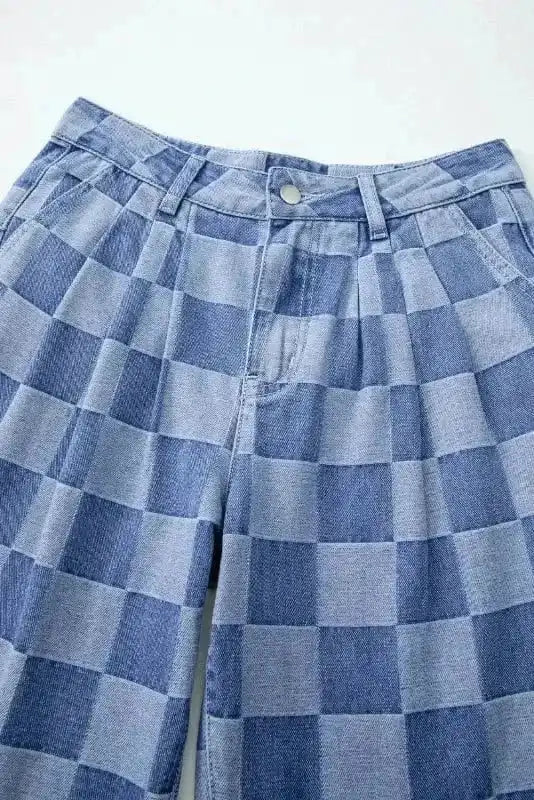 Wide Leg Jeans Checkered Denim Wide-Leg Jeans - Trendy and Comfortable