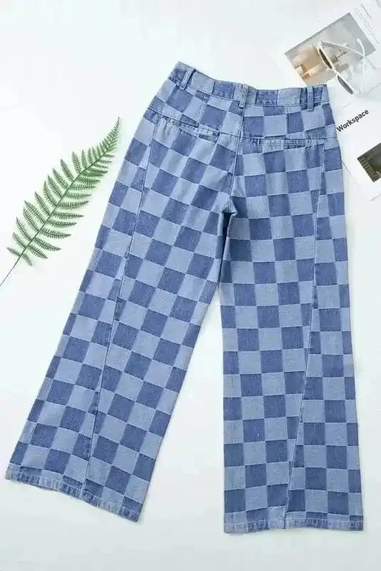 Wide Leg Jeans Checkered Denim Wide-Leg Jeans - Trendy and Comfortable