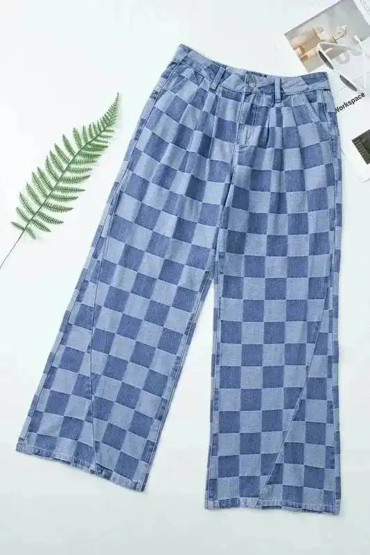 Wide Leg Jeans Checkered Denim Wide-Leg Jeans - Trendy and Comfortable