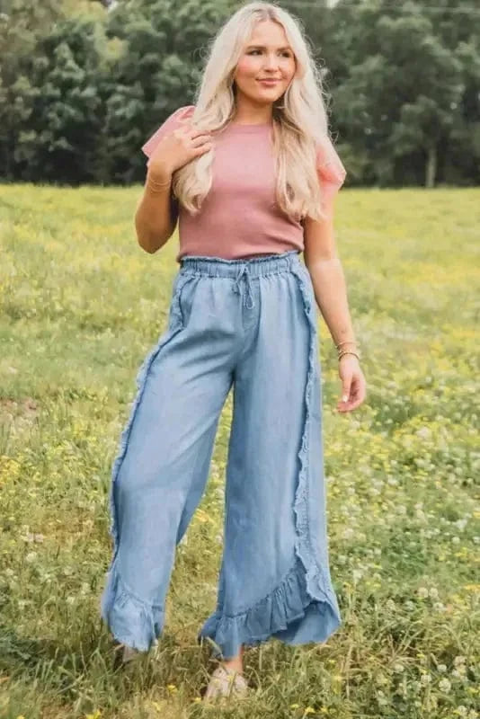 Wide Leg Jeans Ocean Whisper Ruffle Jeans