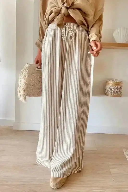 Wide Leg Pants Khaki Stripe / S / 100%Polyester Safari Chic: Khaki Stripe Drawstring Trousers